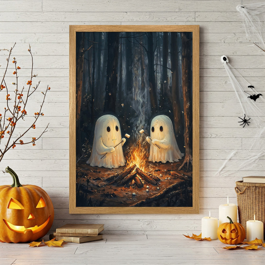 Framed Poster featuring cute ghosts roasting marshmallows in a forest, warm colors, perfect Halloween decor.