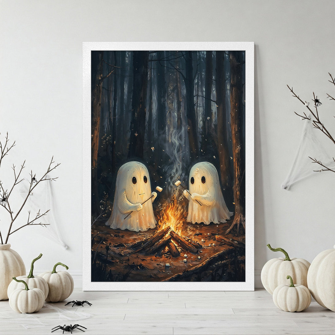 Framed Poster of cute ghosts roasting marshmallows by a campfire in a dark forest. Warm, inviting color palette. Perfect Halloween decor!