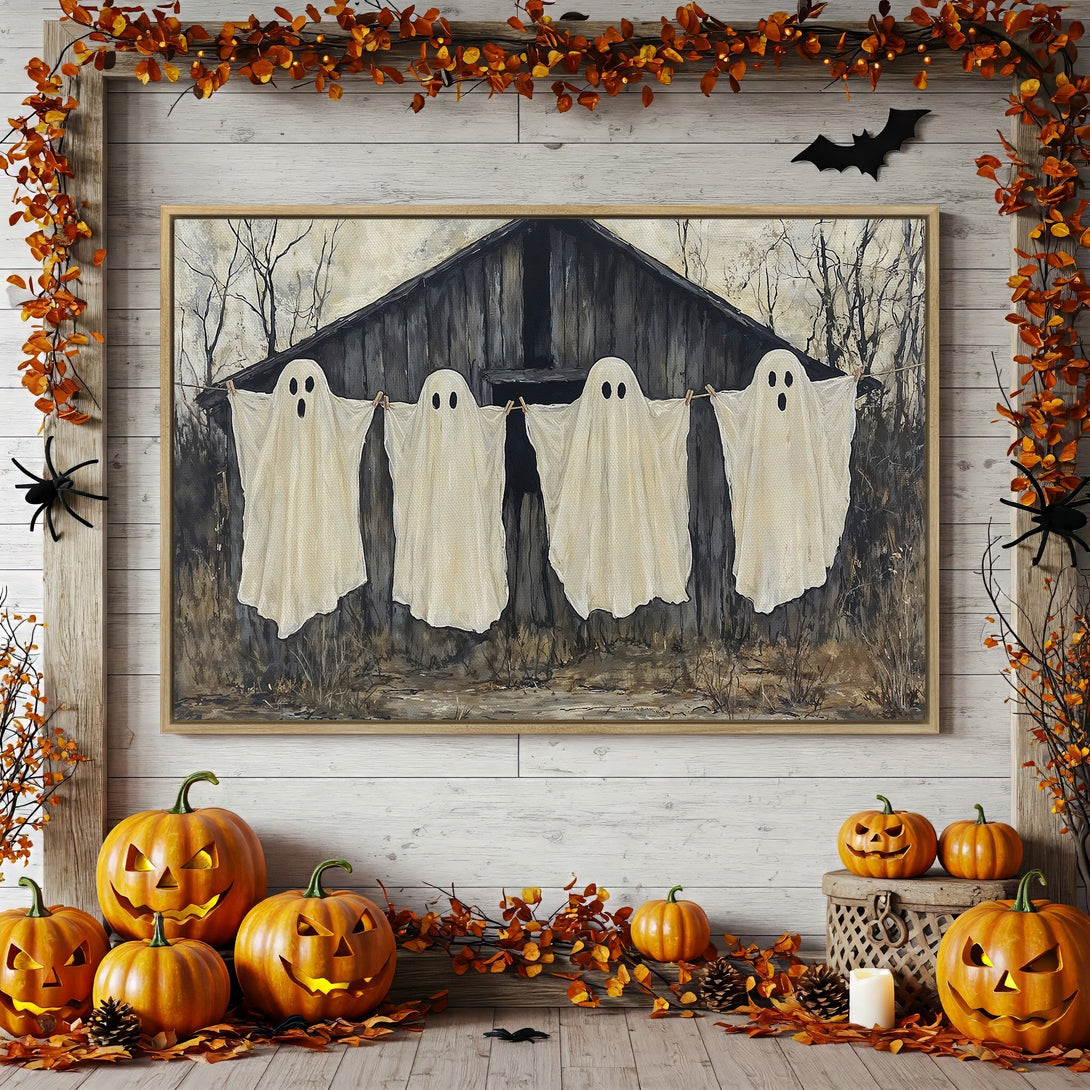Framed Wall Art: Spooky Halloween ghosts hanging on a line. Rustic style with orange, black, and neutral tones. Perfect for fall decor.