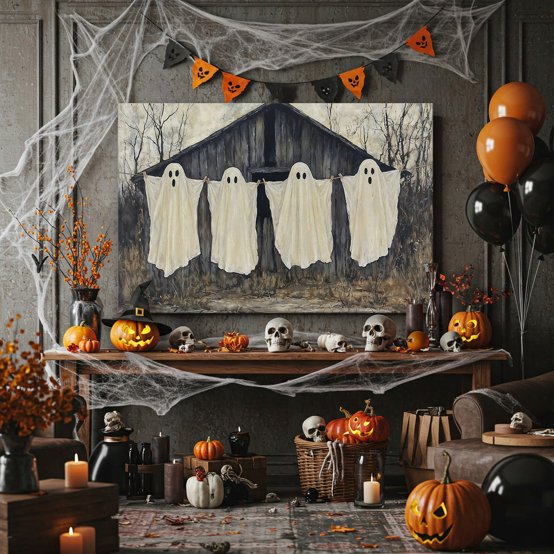 Framed Wall Art featuring spooky ghosts in a barn, perfect for Halloween decor. Neutral color palette with a touch of orange.