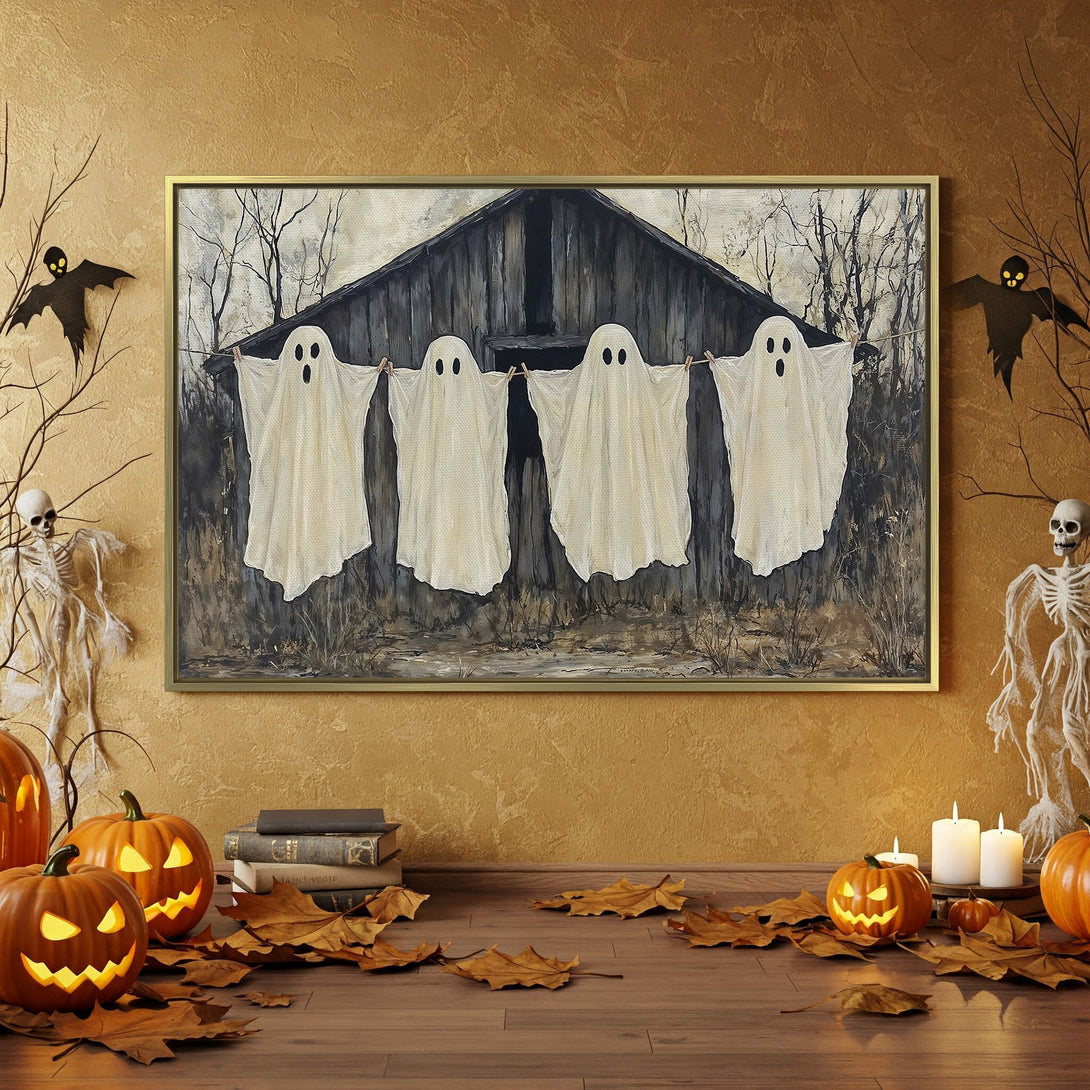 Canvas Print featuring spooky ghost art, perfect for Halloween decor. Rustic style with a neutral and orange color palette. Add a touch of fright!