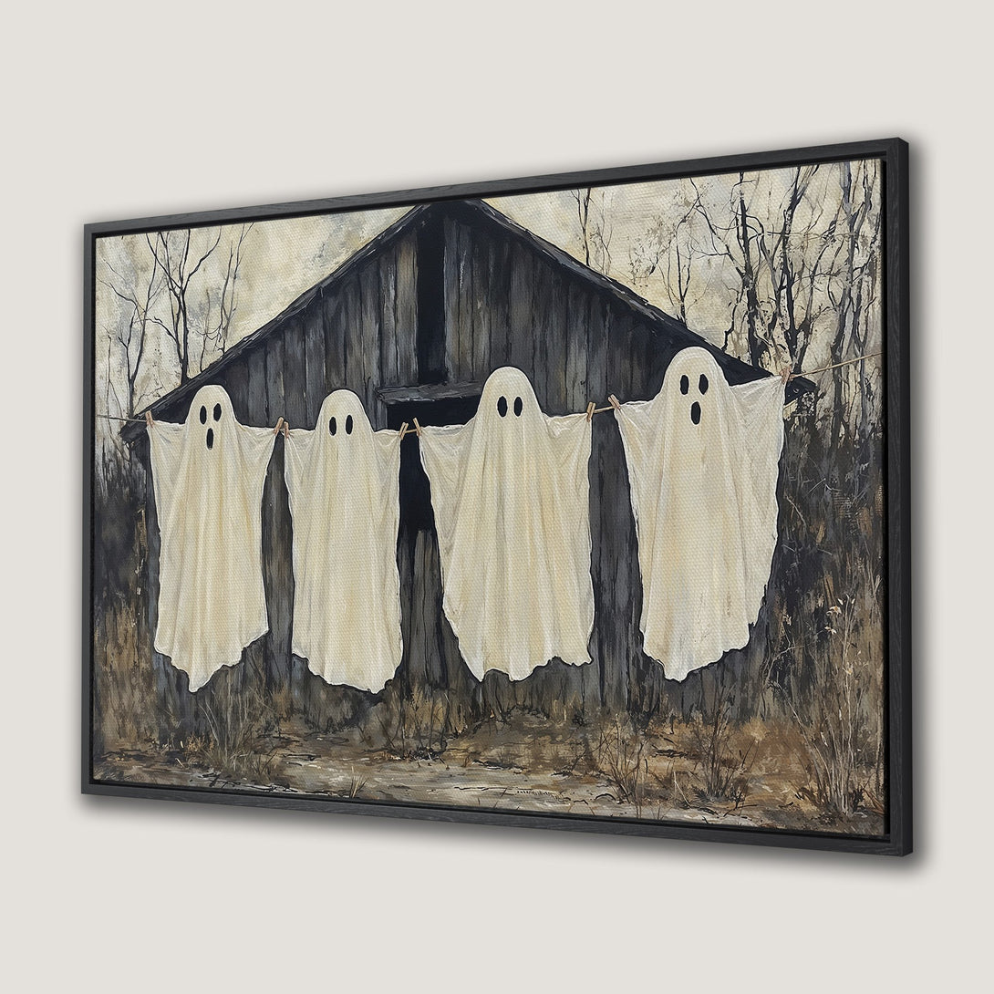 Framed Wall Art: Spooky Halloween ghosts hanging on a clothesline. Rustic, neutral color palette. Perfect for adding a touch of eerie charm.