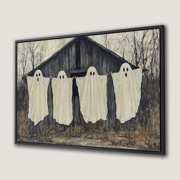 Framed Wall Art: Spooky Halloween ghosts hanging on a clothesline. Rustic, neutral color palette. Perfect for adding a touch of eerie charm.