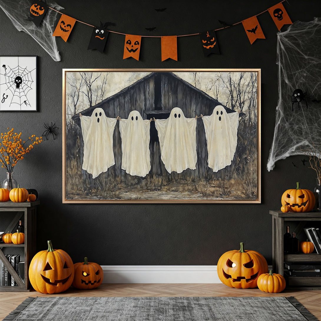 Framed Wall Art: Spooky Halloween ghost print in a rustic style, featuring a neutral color palette. Perfect for seasonal home decor.