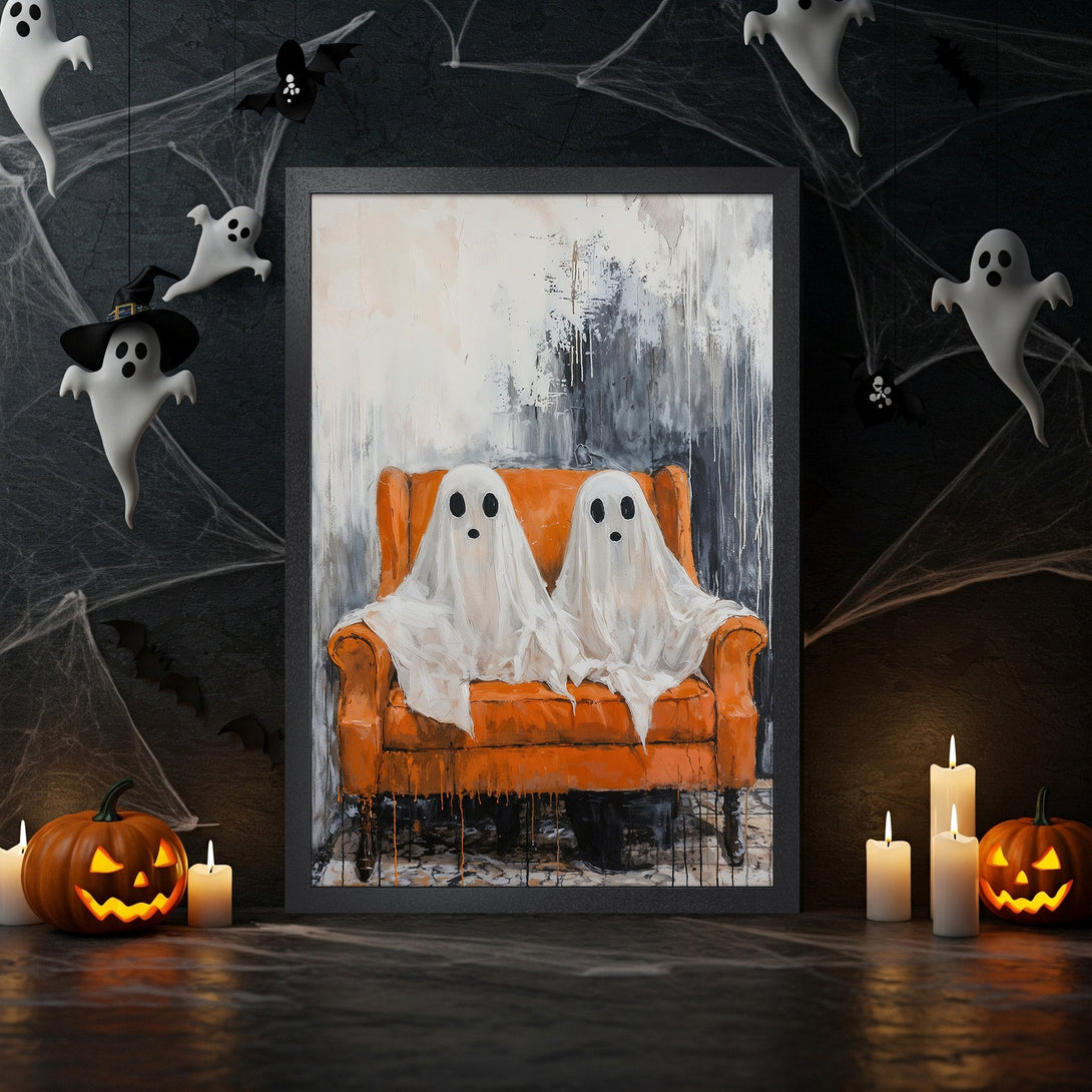 Framed Poster featuring a spooky Halloween art print. Abstract style, with orange, black, and white color palette. Perfect for Halloween decor!
