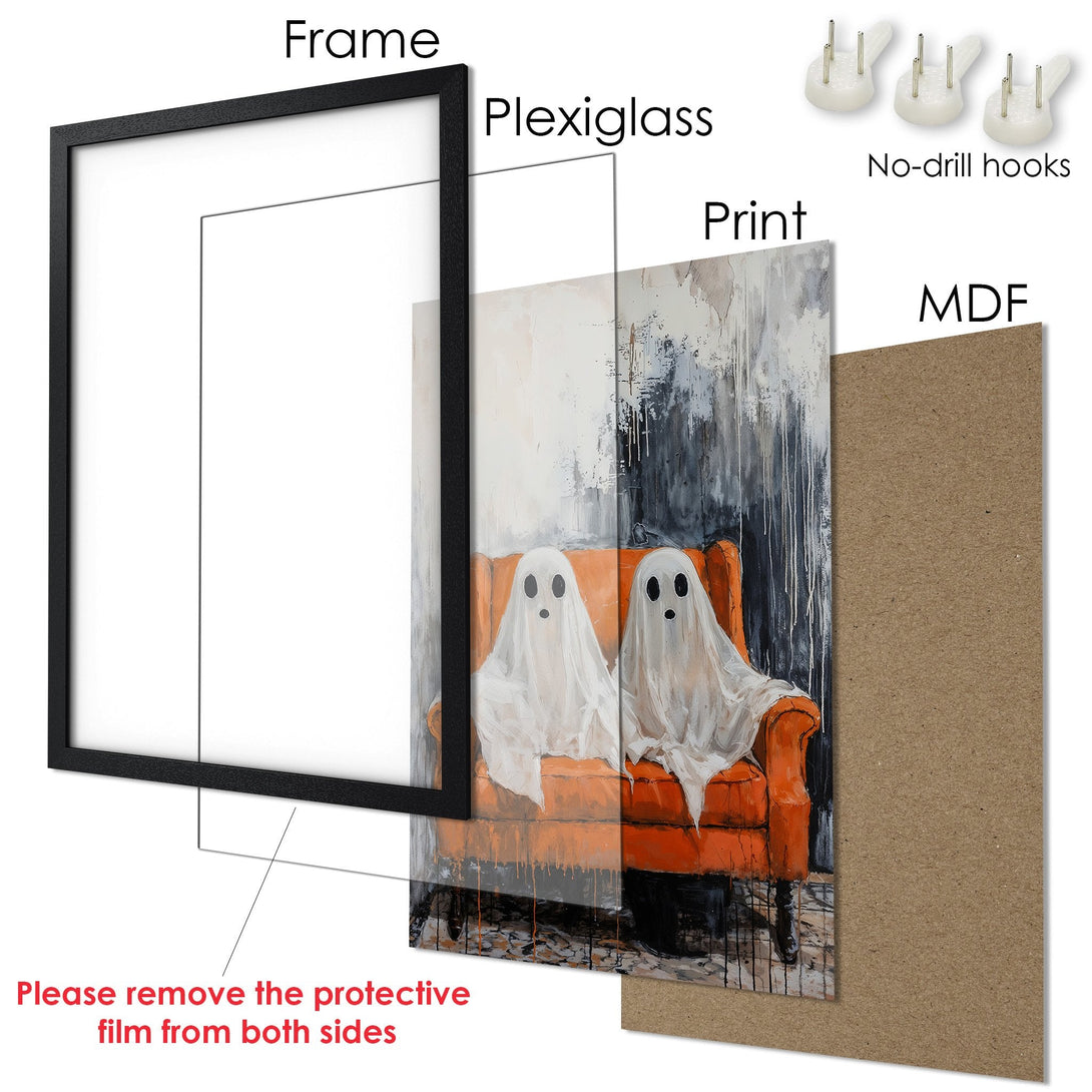 Framed Poster featuring ghost art in a modern style with an orange and gray color palette. Perfect wall decor for Halloween!