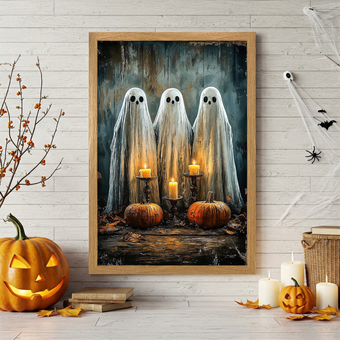 Framed Poster featuring spooky ghosts, pumpkins, and candles in a rustic, autumnal color palette. Perfect Halloween decor!