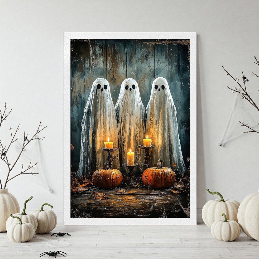 Framed Poster featuring spooky ghosts, pumpkins, and candles in a moody, autumnal color palette. Perfect Halloween decor!