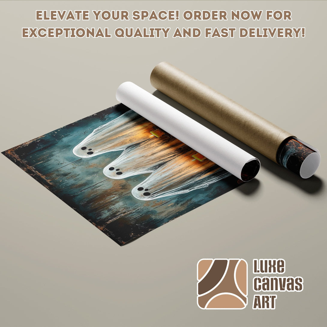 Poster Roll featuring a spooky ghost design with a teal and brown color palette. Elevate your space!