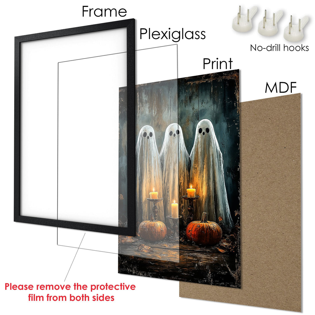 Framed Poster featuring ghostly figures, pumpkins, and candles. Dark, moody palette with hints of orange and teal. Perfect Halloween decor!