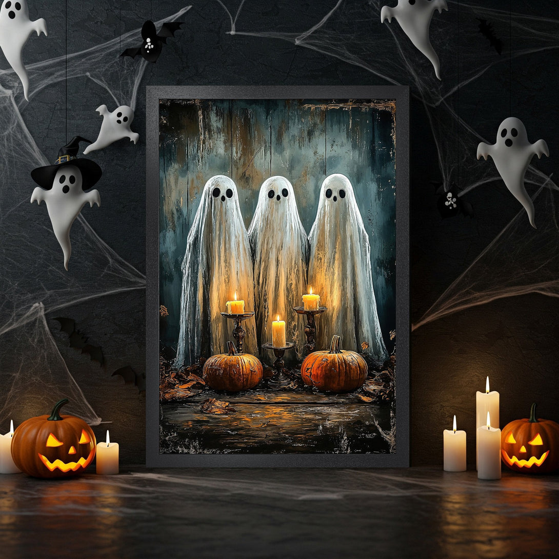 Framed Poster featuring spooky ghosts, pumpkins, and candles. Dark, Halloween-themed art with a vintage style and warm color palette.