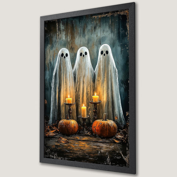Framed Poster featuring ghostly figures, pumpkins, and candles. Dark, moody style with a blue, brown, and orange color palette. Perfect Halloween decor.