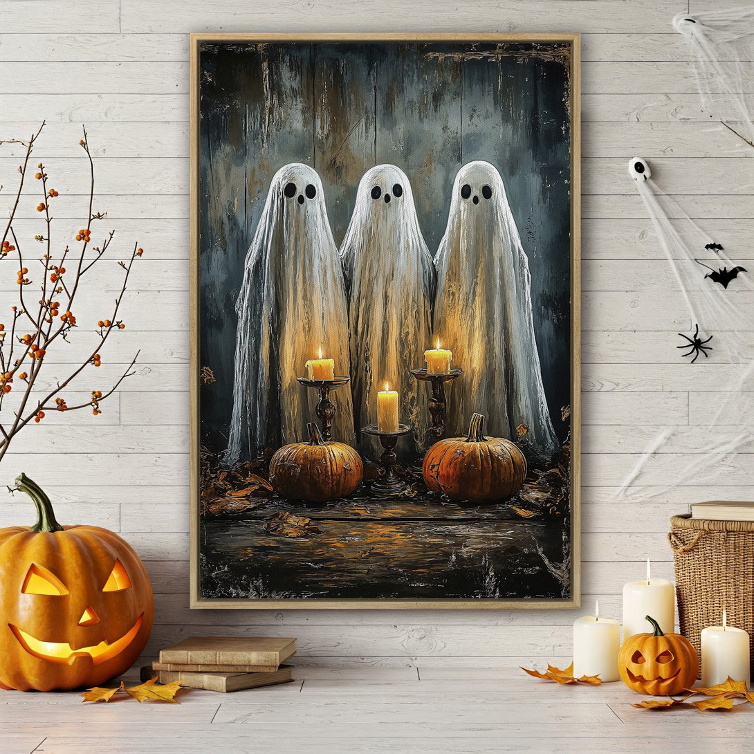Framed Wall Art featuring spooky ghosts, pumpkins, and candles. Halloween-themed artwork in a moody, dark color palette. Perfect for seasonal home decor.