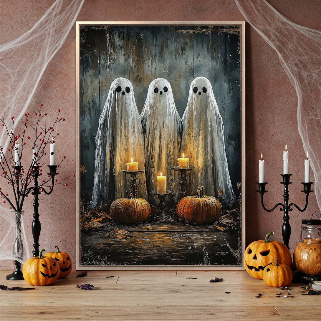Framed Wall Art: Spooky Halloween scene with three ghostly figures, pumpkins, and candles. Dark, moody palette perfect for fall decor.