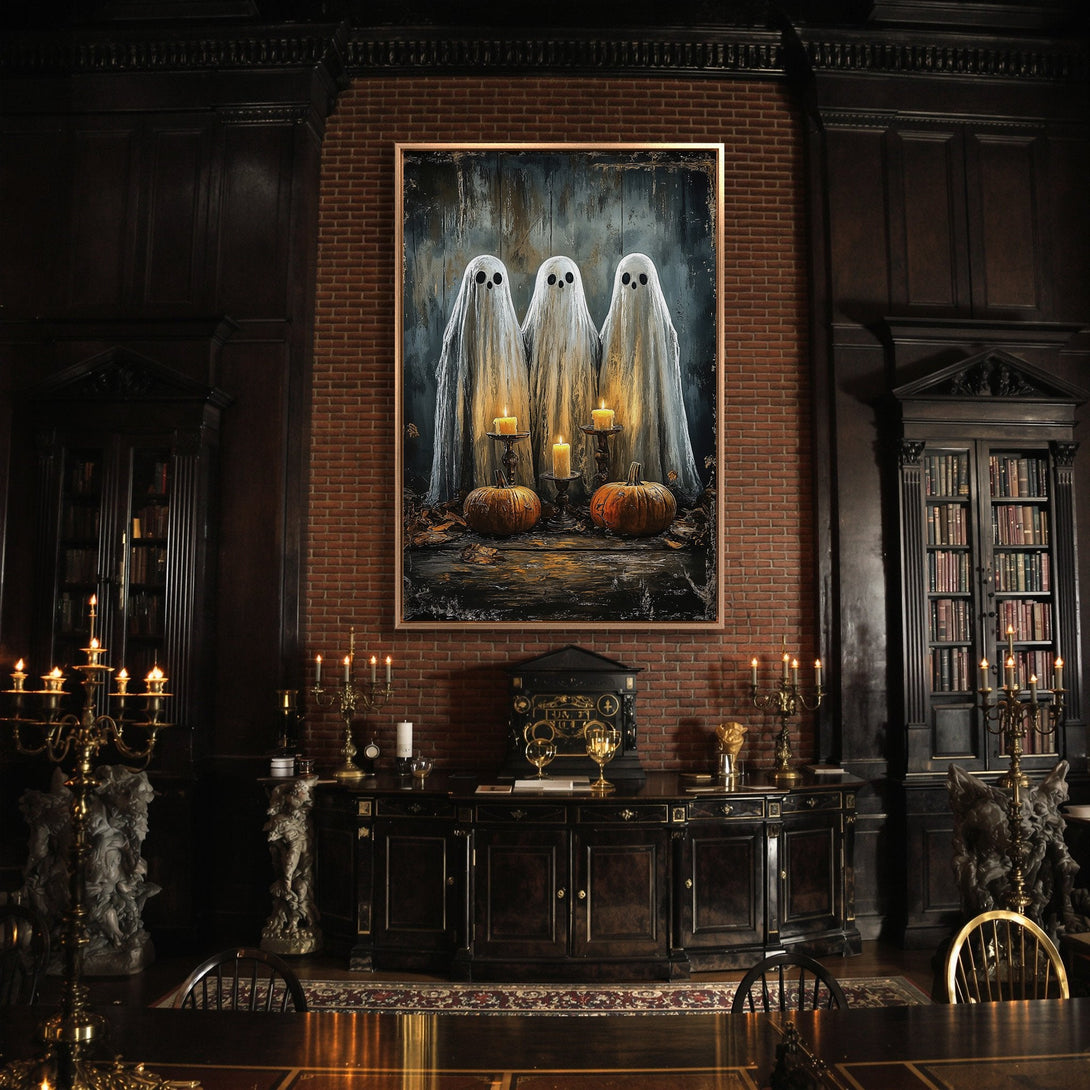 Framed Wall Art: Spooky Halloween ghosts canvas print in a dark, moody interior. Features a dark, cool color palette with orange and white accents.