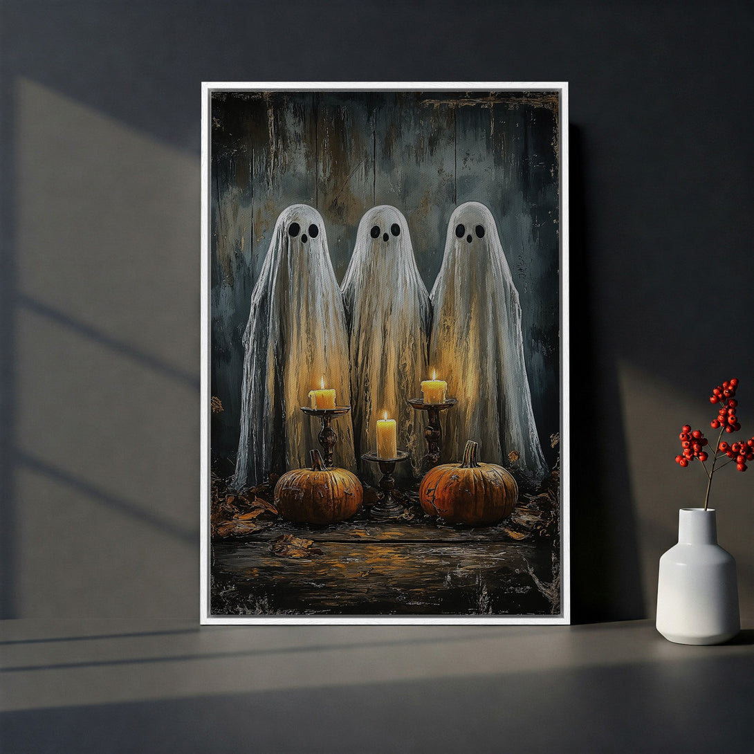 Framed Wall Art: Spooky Halloween scene with ghosts, pumpkins, and candles. Dark, moody color palette. Perfect for adding a touch of eerie charm to your decor.