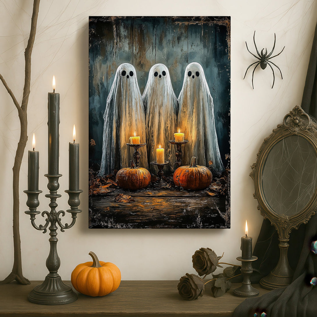 Framed Wall Art: Spooky Halloween ghosts canvas print with a dark, moody color palette. Perfect for adding a touch of gothic charm to your home decor.