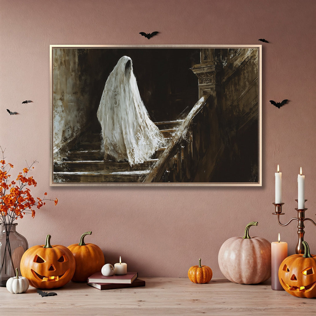 Framed Wall Art: Spooky ghost on stairs, vintage style, sepia tones. Perfect Halloween decor!