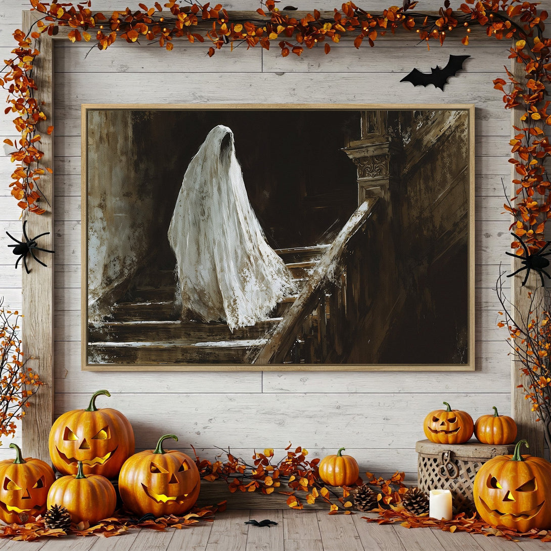 Framed Wall Art: Spooky ghost on stairs in a vintage style, with a dark, muted color palette. Perfect Halloween decor!