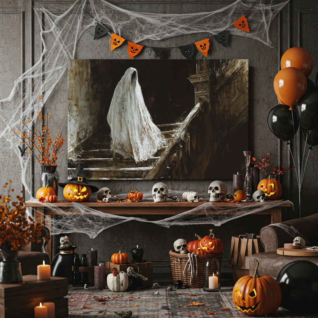 Framed Wall Art: Spooky ghost descending stairs, dark & moody painting in a gold frame. Perfect Halloween decor with a sepia color palette.