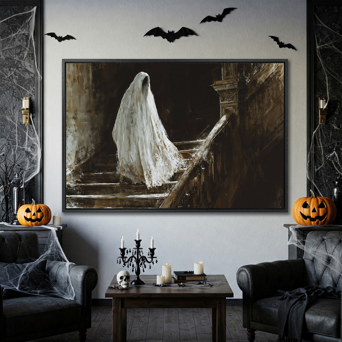 Framed Wall Art: Spooky ghost painting in a dark, moody style with a neutral color palette. Perfect for Halloween decor.