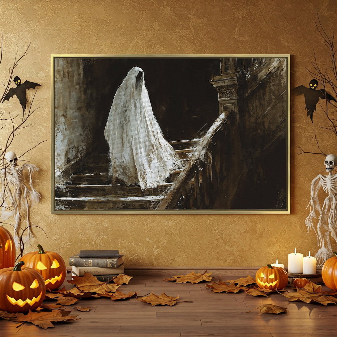 Canvas Print of a ghostly figure on a staircase, perfect for Halloween decor. Features a moody, vintage style with a dark, neutral color palette.