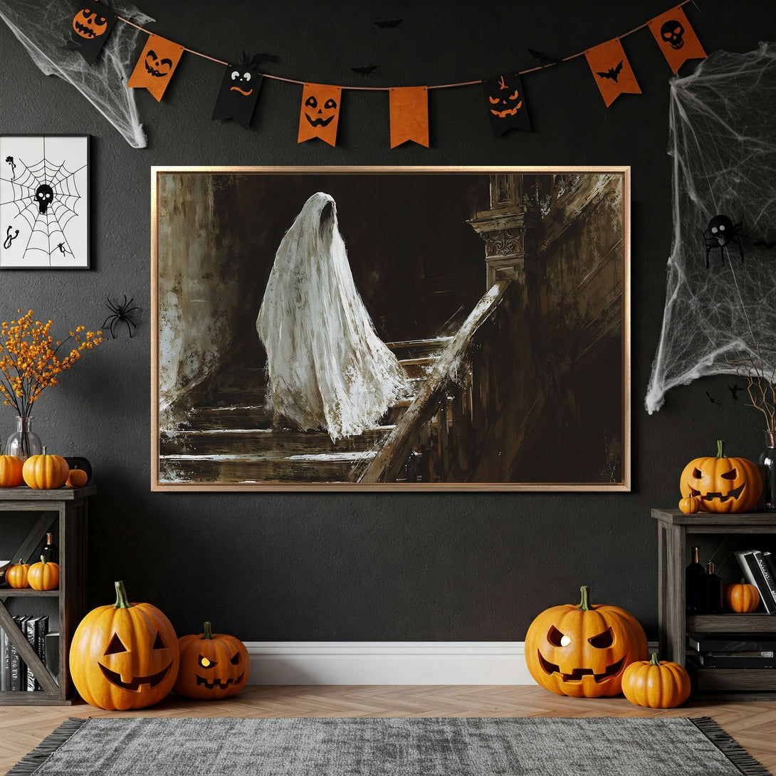 Framed Wall Art featuring a ghostly figure on stairs, displayed in a Halloween-themed interior. Dark, moody color palette with sepia tones. Spooky home decor.