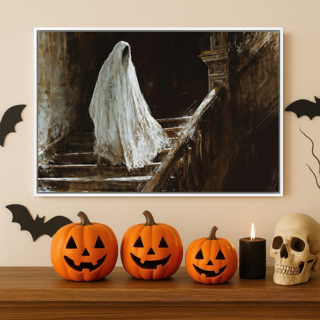 Framed Wall Art: Spooky ghost painting in a dark, moody palette. Perfect Halloween decor. Canvas Print with a vintage, artistic style.