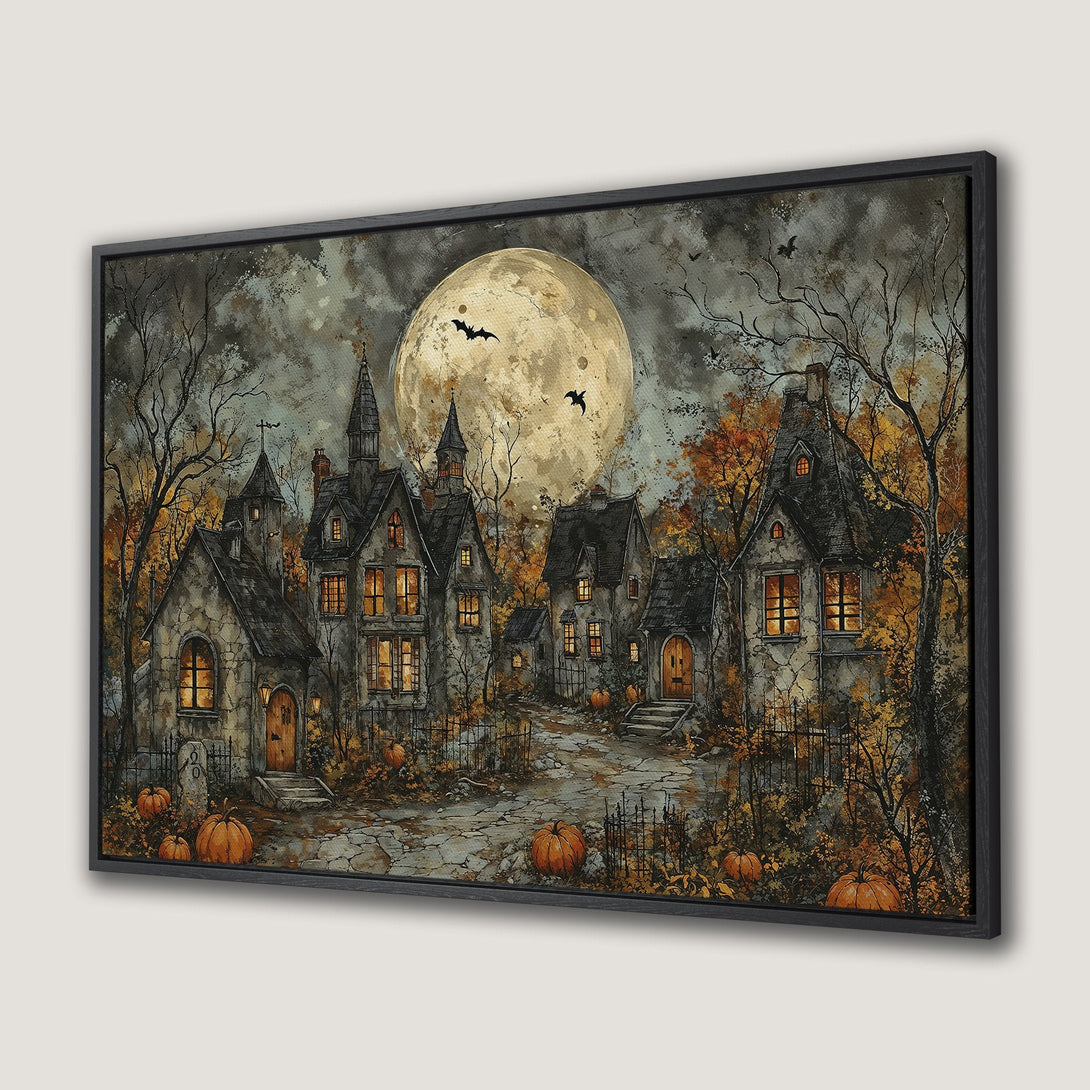 Framed Wall Art: Spooky Halloween scene with a full moon, haunted houses, and pumpkins. Warm autumn color palette. Perfect for seasonal decor!
