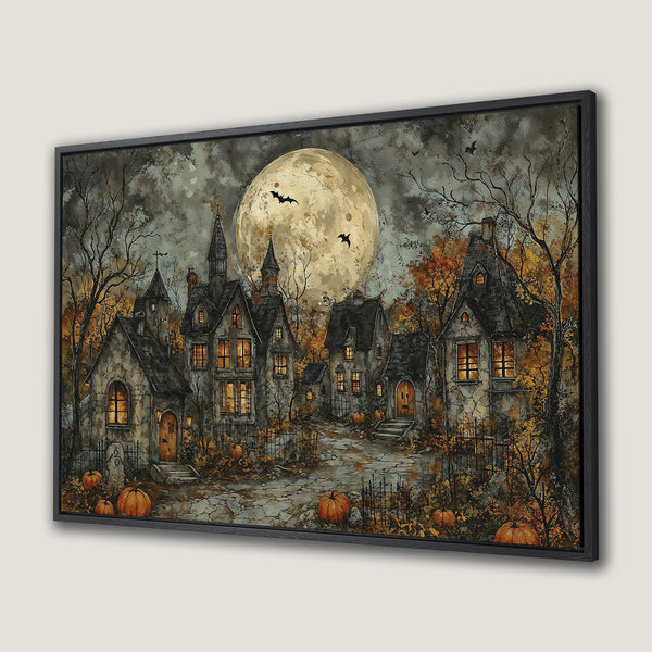 Framed Wall Art: Spooky Halloween scene with a full moon, haunted houses, and pumpkins. Warm autumn color palette. Perfect for seasonal decor!