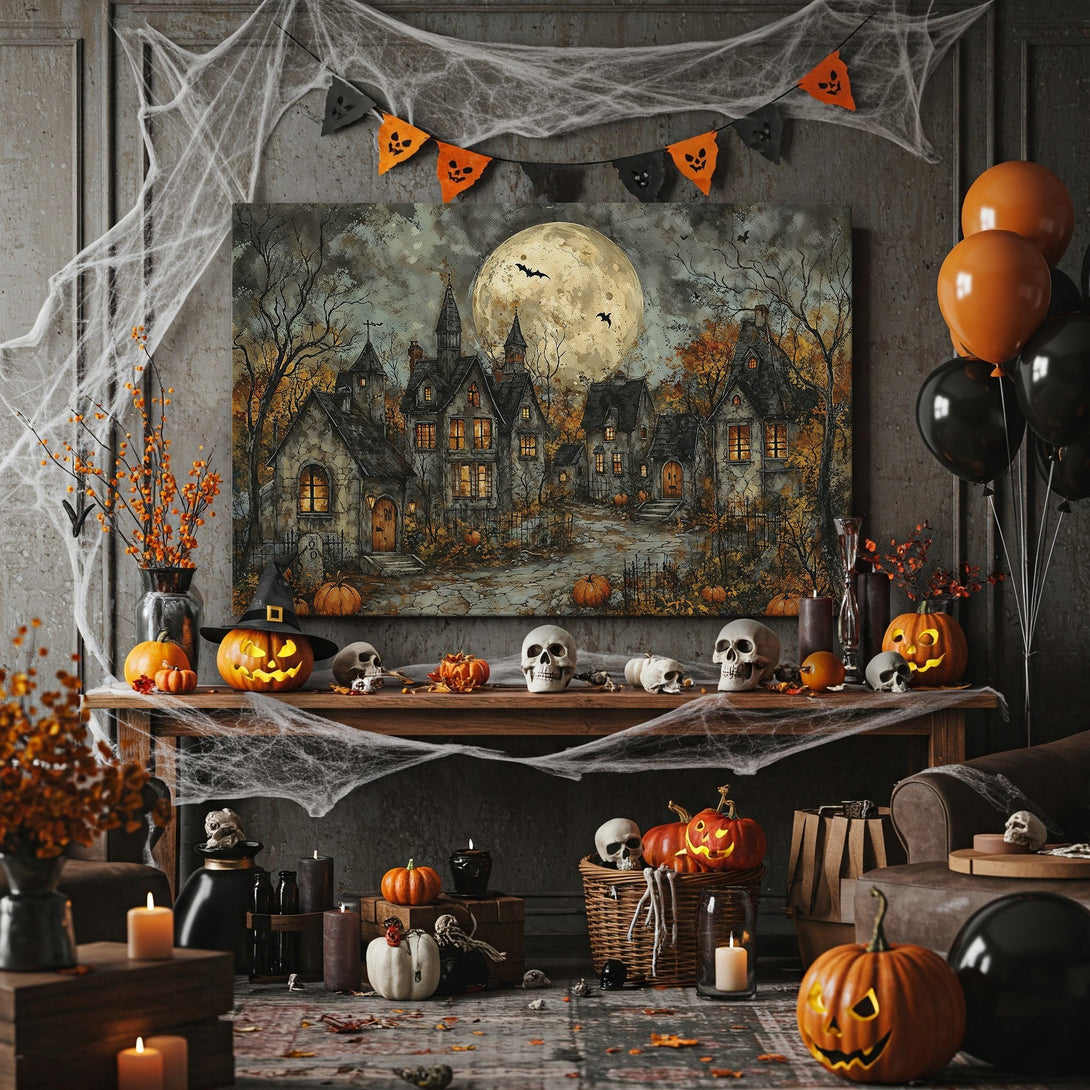 Framed Wall Art featuring a spooky Halloween village scene. Dark, moody color palette with a vintage, gothic style. Perfect for seasonal decor!