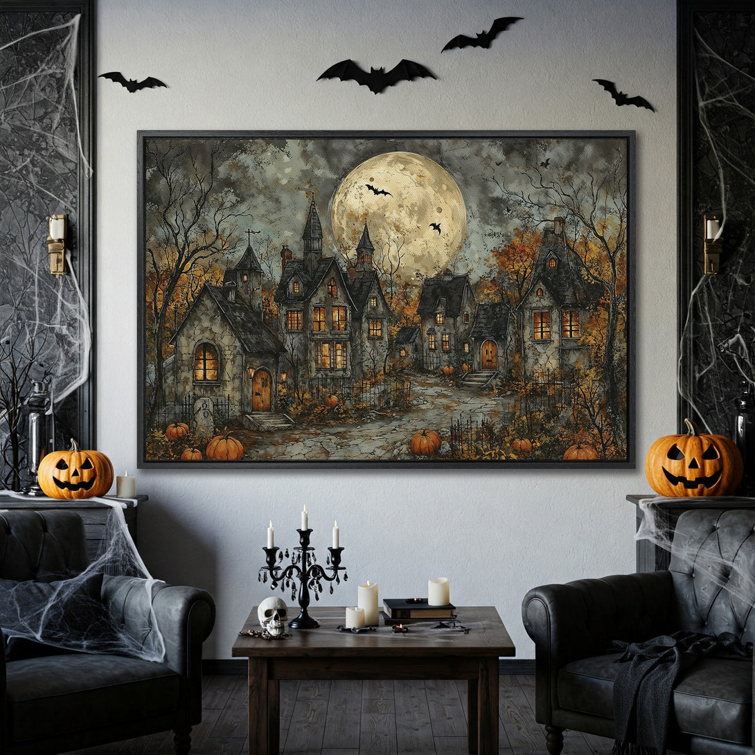 Framed Wall Art: Spooky Halloween scene with haunted houses, full moon, and autumn colors. Perfect for adding a touch of eerie charm to your home decor.