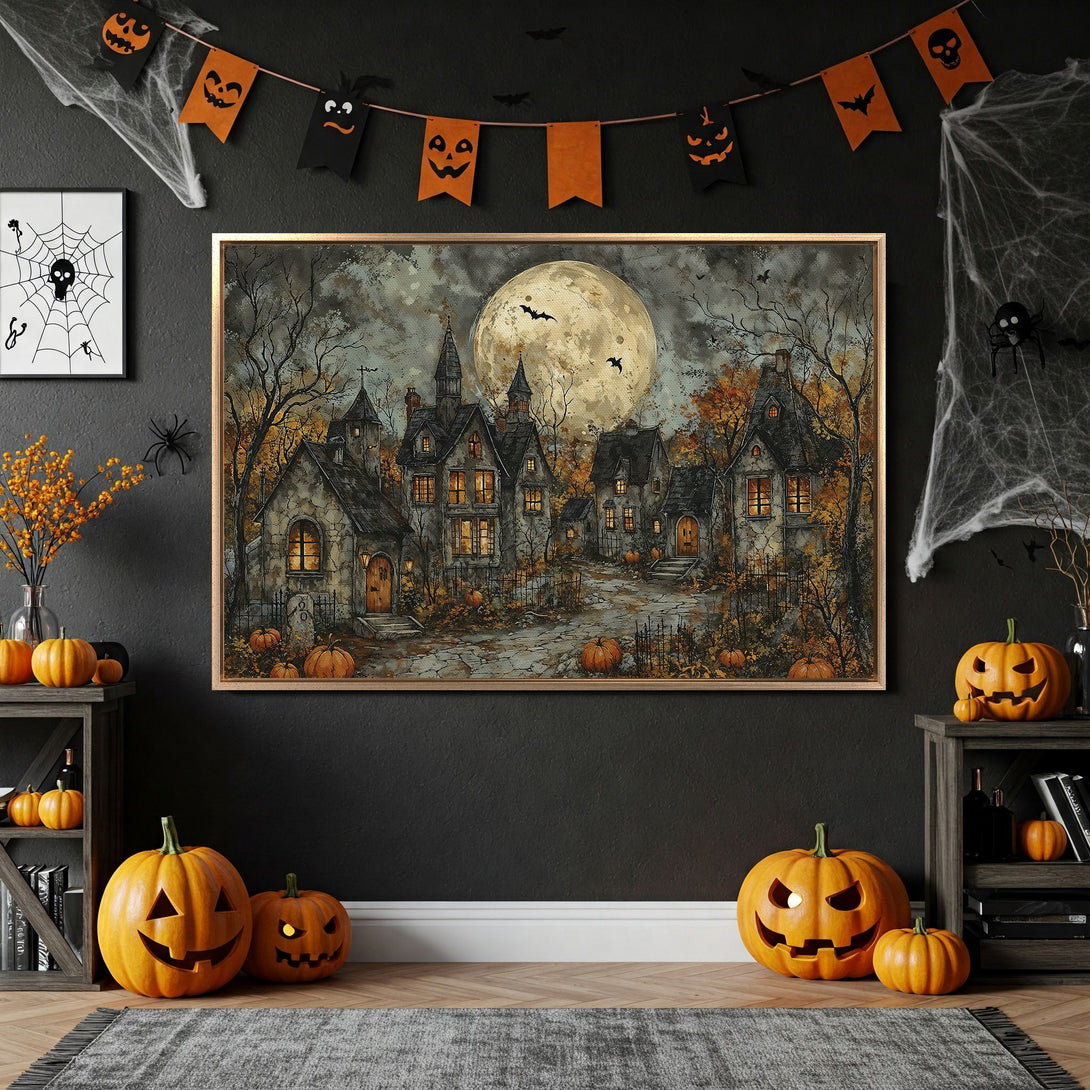 Framed Wall Art: Spooky Halloween scene with a haunted village, full moon, and orange/brown color palette. Perfect for seasonal decor!