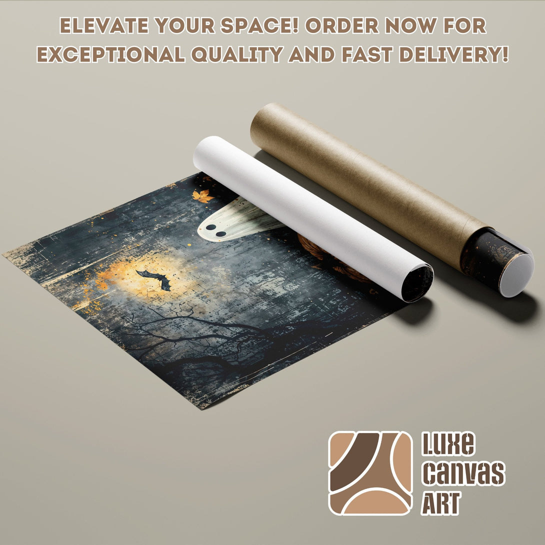 Spooky Halloween Poster Roll, dark art with ghost & bat, moody color palette. Order now!