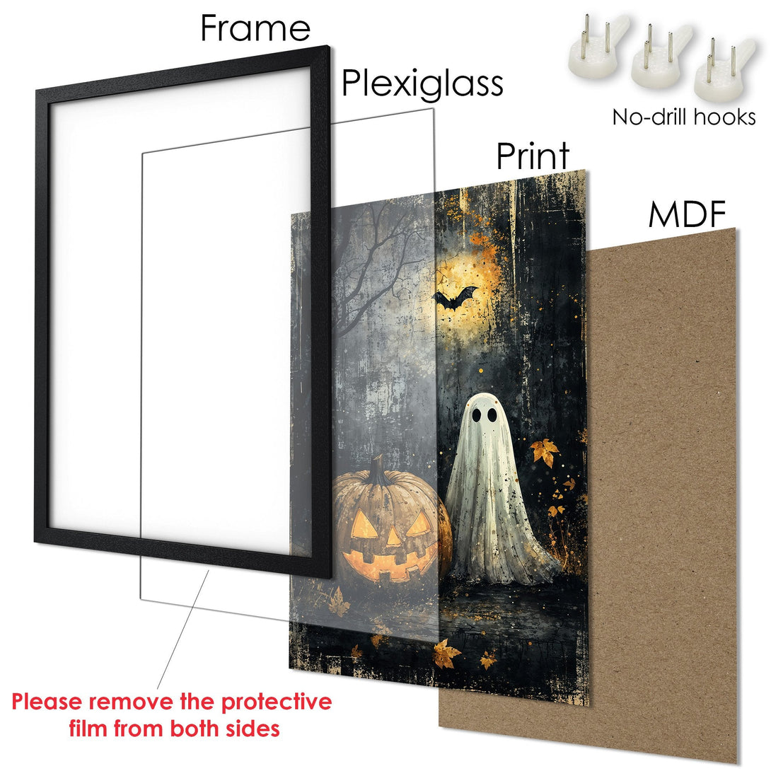Framed Poster featuring a spooky Halloween scene. Dark, moody style with a black, orange, and grey color palette. Perfect for fall decor!