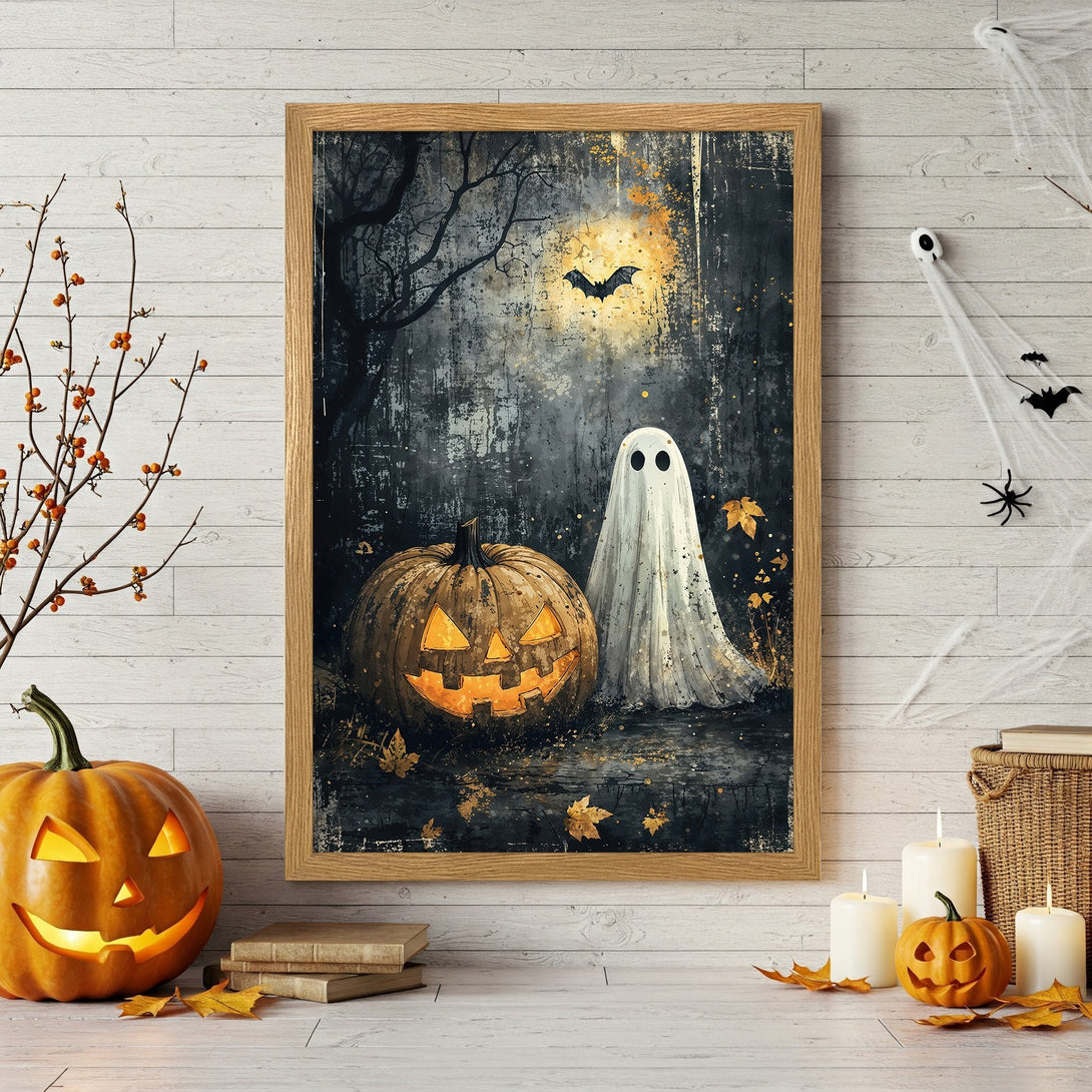 Framed Poster featuring a spooky Halloween scene with a pumpkin, ghost, and bat in a dark, moody color palette.