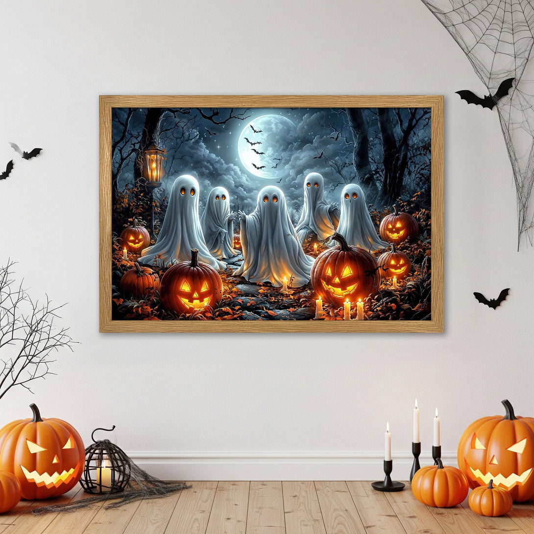 Framed Poster featuring Halloween ghosts and pumpkins, dark fantasy art style with orange, blue, and white color palette.
