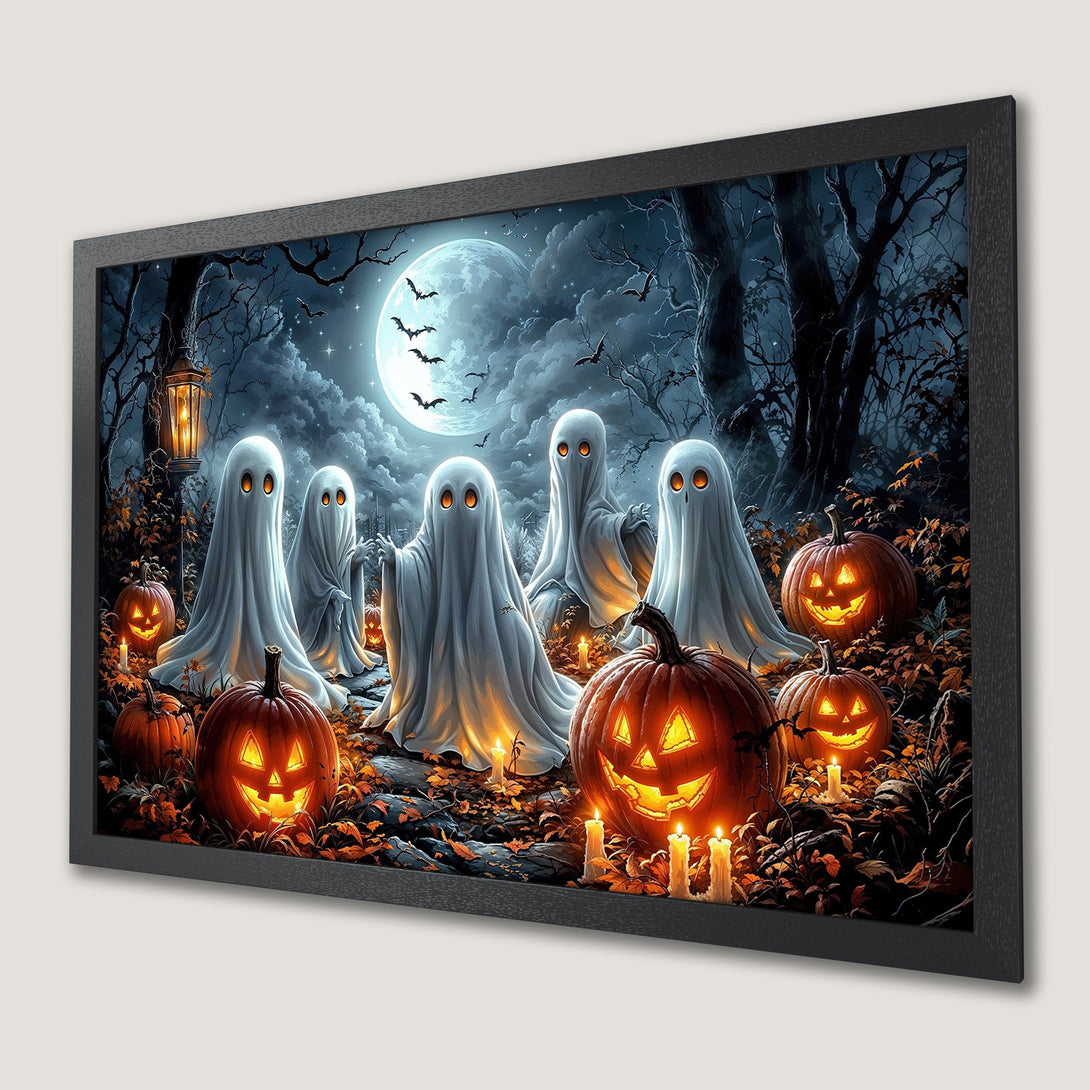 Framed Poster featuring Halloween ghosts and pumpkins in a spooky forest scene with a dark, moody color palette. Perfect for Halloween decor!