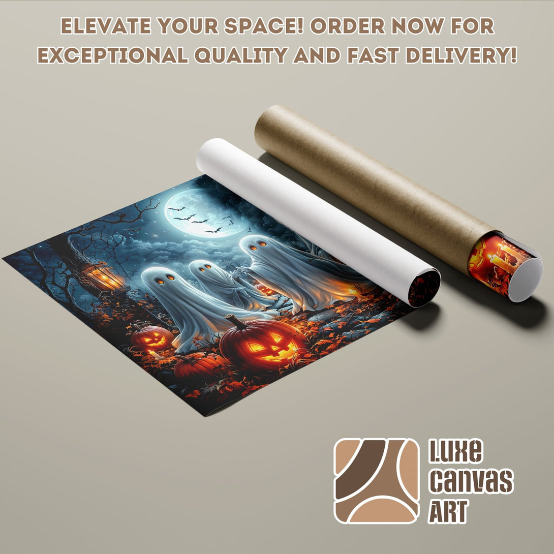 Halloween Poster Roll featuring ghosts and pumpkins, dark blue and orange color palette. Order now!