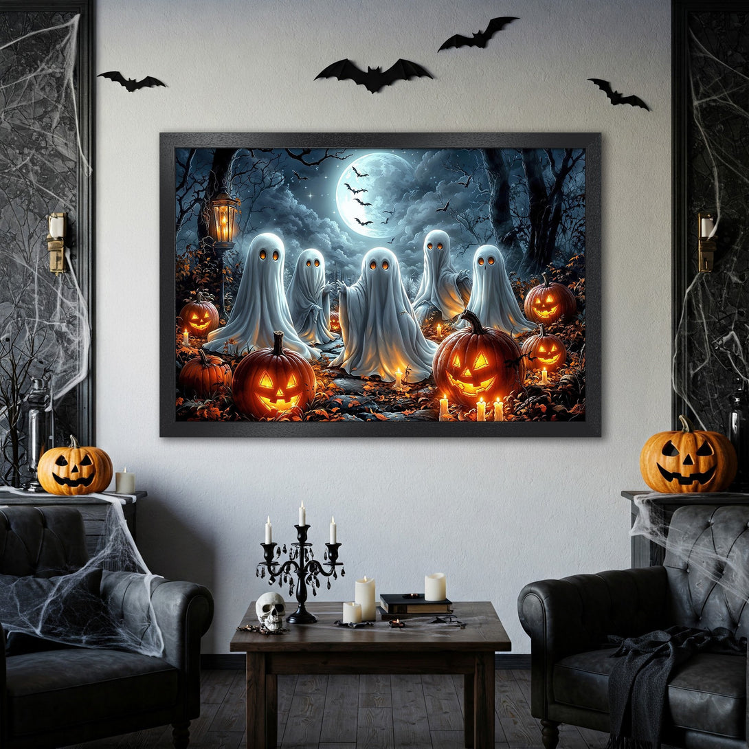 Framed Poster featuring a spooky Halloween scene with ghosts, pumpkins, and a full moon. Dark, moody style with orange, black, and blue tones. Perfect Halloween decor!