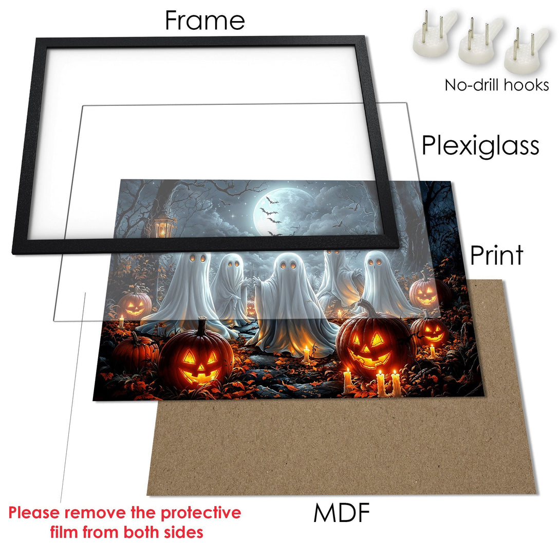 Framed Poster featuring spooky ghosts and jack-o'-lanterns in a dark, Halloween-themed art style with a cool, muted color palette. Perfect for seasonal decor!