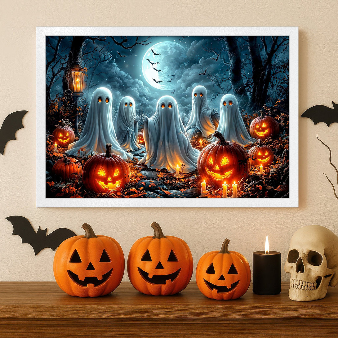Framed Poster featuring ghosts and pumpkins in a spooky Halloween scene. Dark blues, oranges, and whites create a haunting aesthetic. Perfect for Halloween decor!