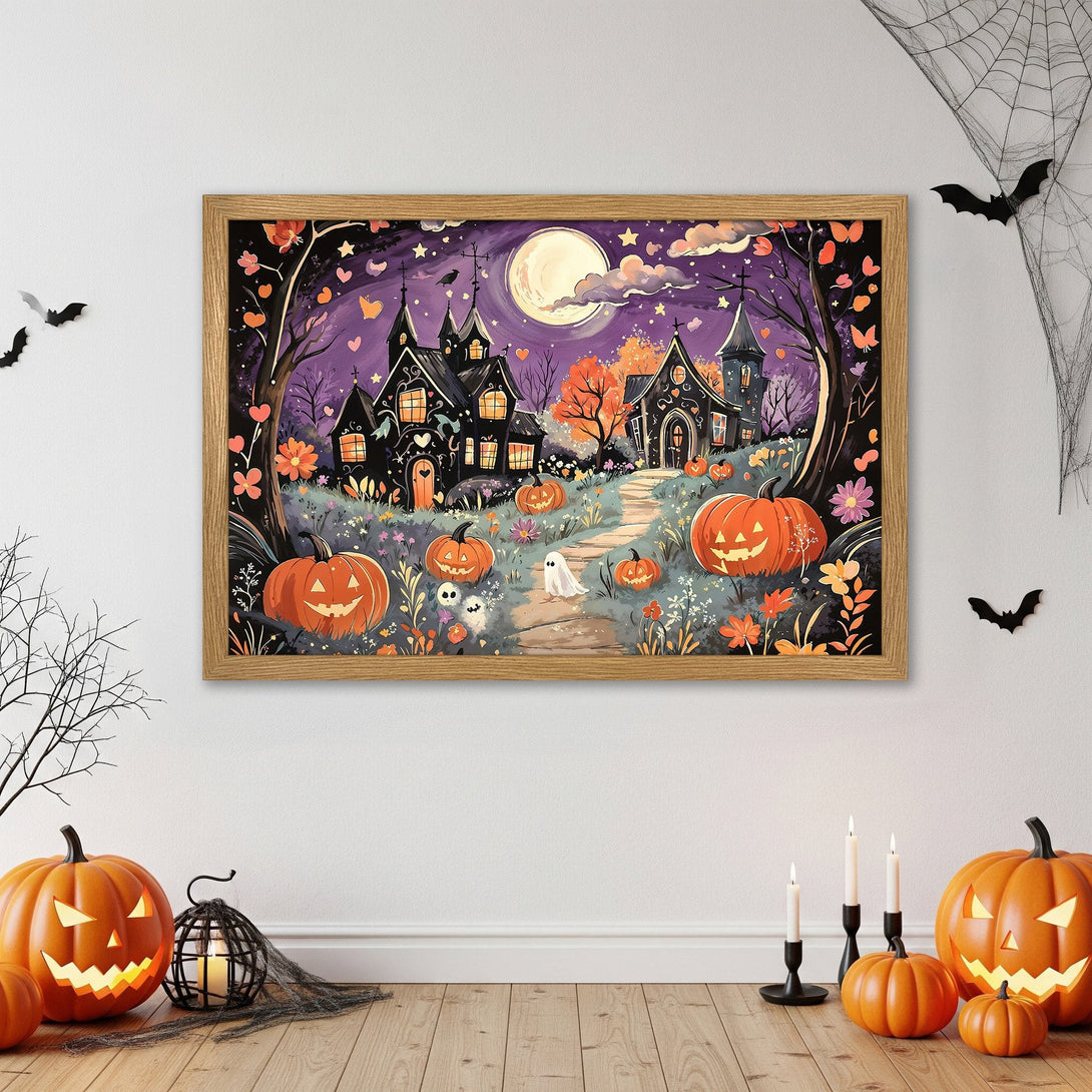 Framed Poster featuring a whimsical Halloween scene with pumpkins, a ghost, and a spooky house. Purple and orange color palette.
