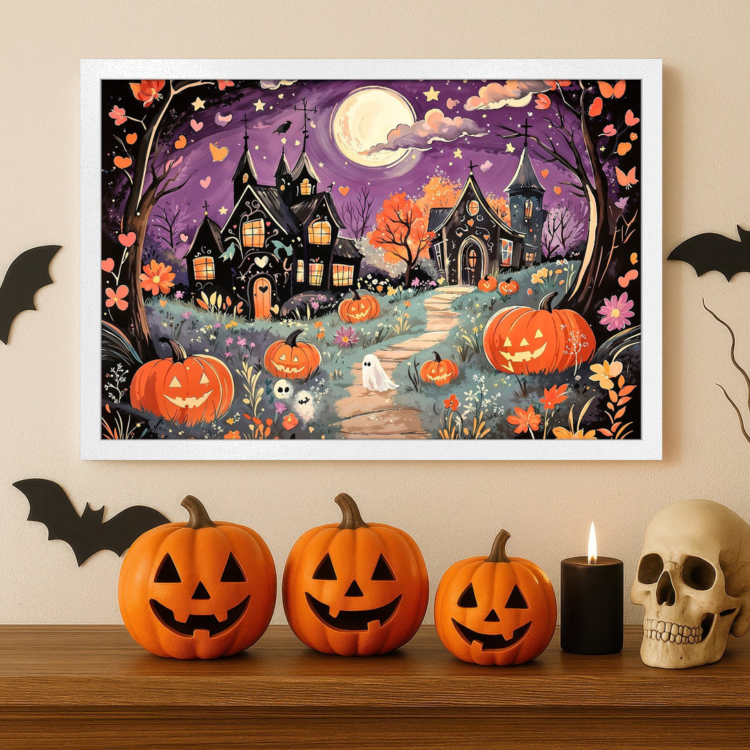 Framed Poster of a whimsical Halloween scene with pumpkins, spooky houses, and a purple and orange color palette. Perfect seasonal decor!