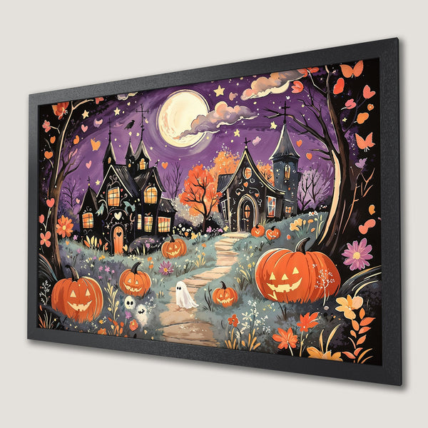 Framed Poster featuring a whimsical Halloween scene with pumpkins, ghosts, and a spooky house. Watercolor style with purple, orange, and black color palette.