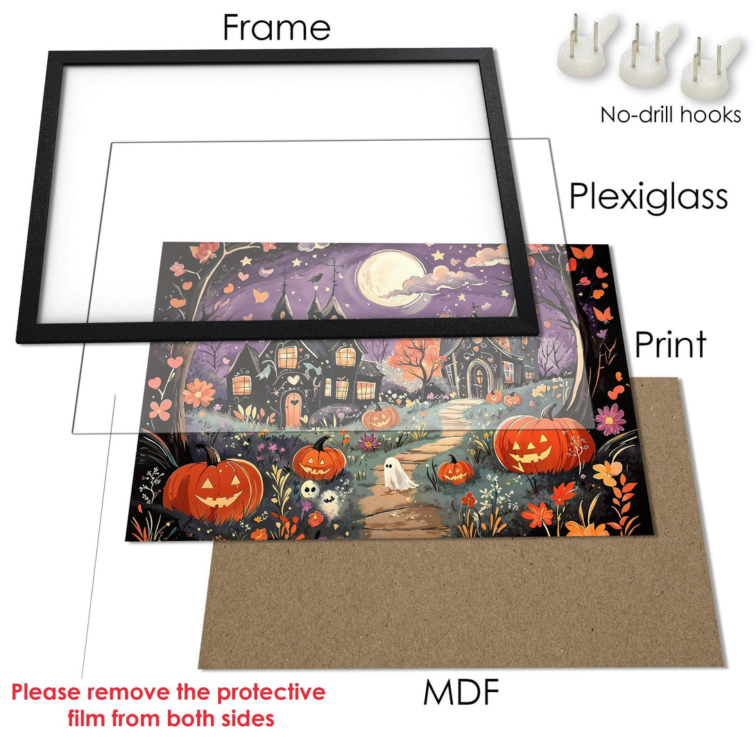 Framed Poster featuring a spooky Halloween scene. Whimsical art style with a purple, orange, and black color palette. Perfect for seasonal decor!