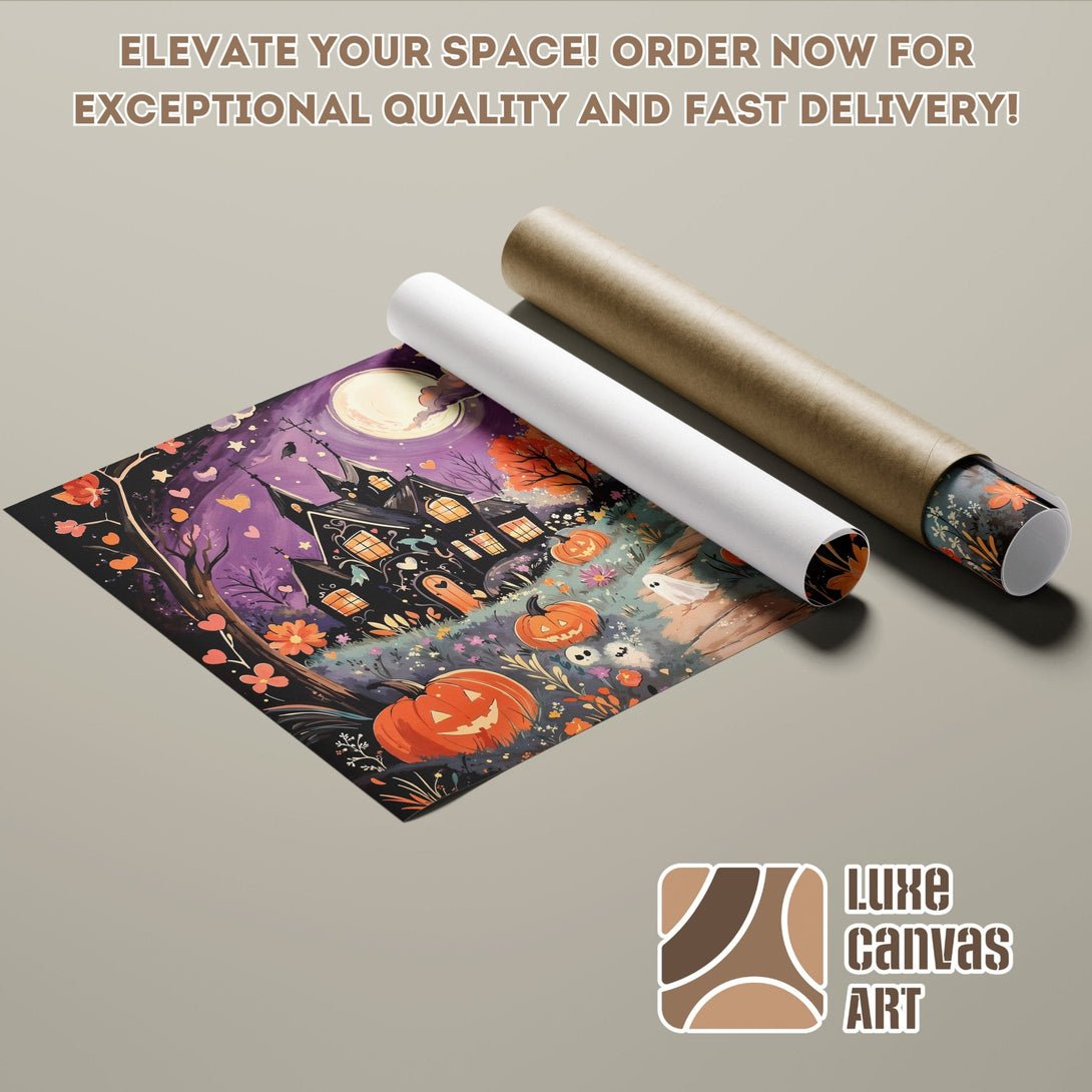 Halloween-themed Poster Roll art, featuring a spooky house, pumpkins, and a purple color palette. Order now!