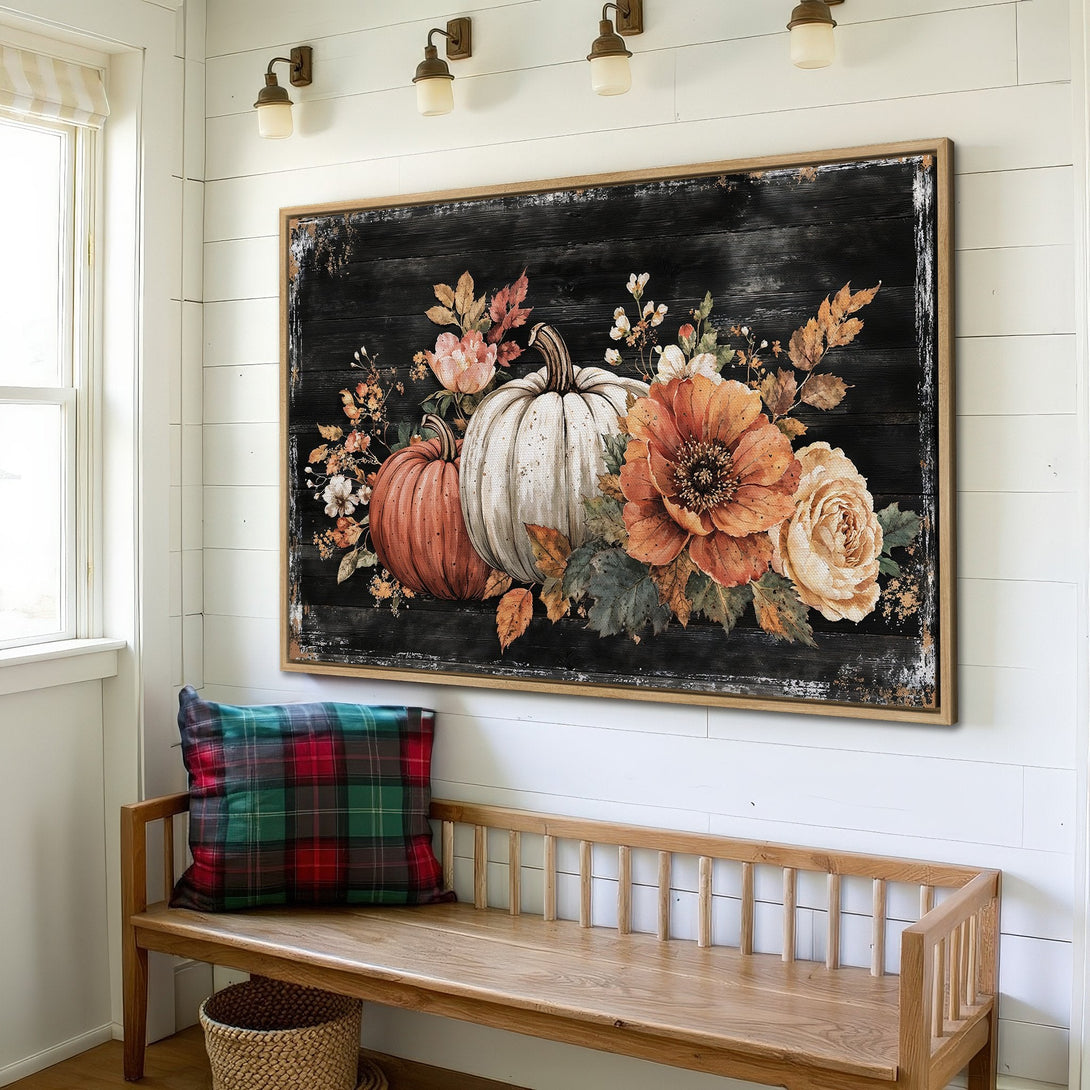 Framed Wall Art featuring pumpkins and flowers in warm autumn colors. Rustic farmhouse style Canvas Print adds cozy charm to any space.