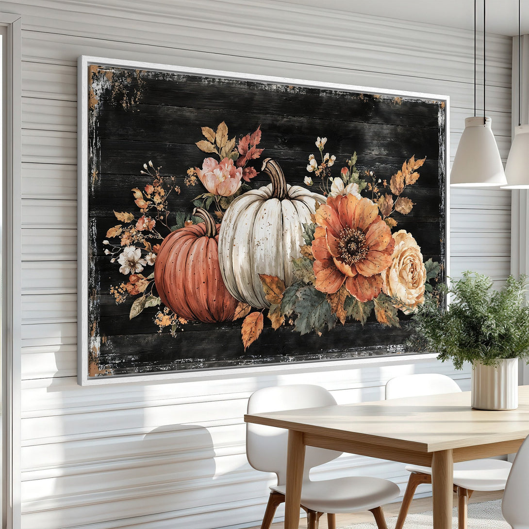 Framed Wall Art: Rustic pumpkins & floral arrangement in warm autumn tones. Perfect fall decor for a cozy dining room. Shop now!