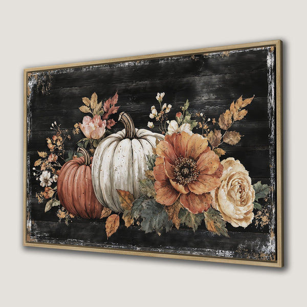 Canvas Print featuring pumpkins & flowers in warm autumn tones. Rustic style with a black wood background, perfect fall decor!